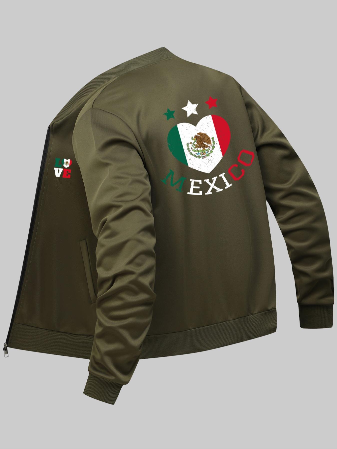 Men's Mexico Flag & Heart Print Zip Up Baseball Collar Jacket, Regular Fit Casual Long Sleeve Pocket Outerwear for Daily Wear, Fashion Men's Clothes for All Seasons