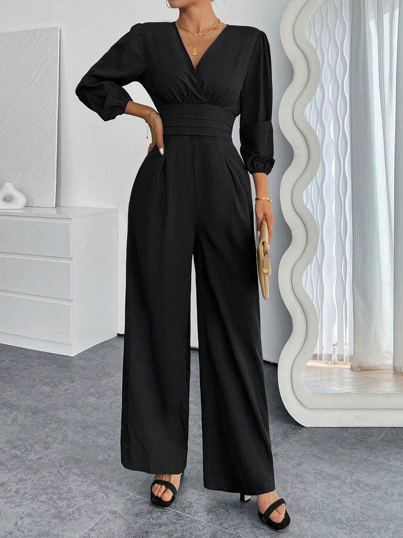 Women's Solid Color Aesthetic Puff Sleeve Wide-Leg Pleated Jumpsuit , Structured Material Fabric & Cutout Waist Detail & High-Waisted Silhouette & Fitted & Loose Legs & Multi-Color Options 1pc