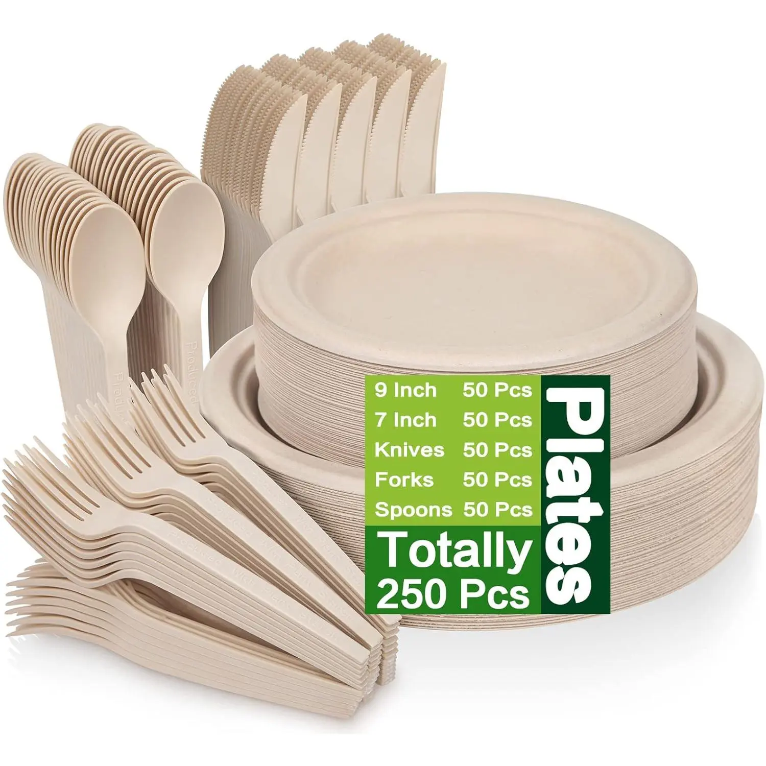 250 Piece Compostable Paper Plates Set with Extra Long Utensils, Sugarcane Fibers Disposable Dinnerware Set, Biodegradable Plates, Spoons, Forks and Knives for Party, Camping, Picnic