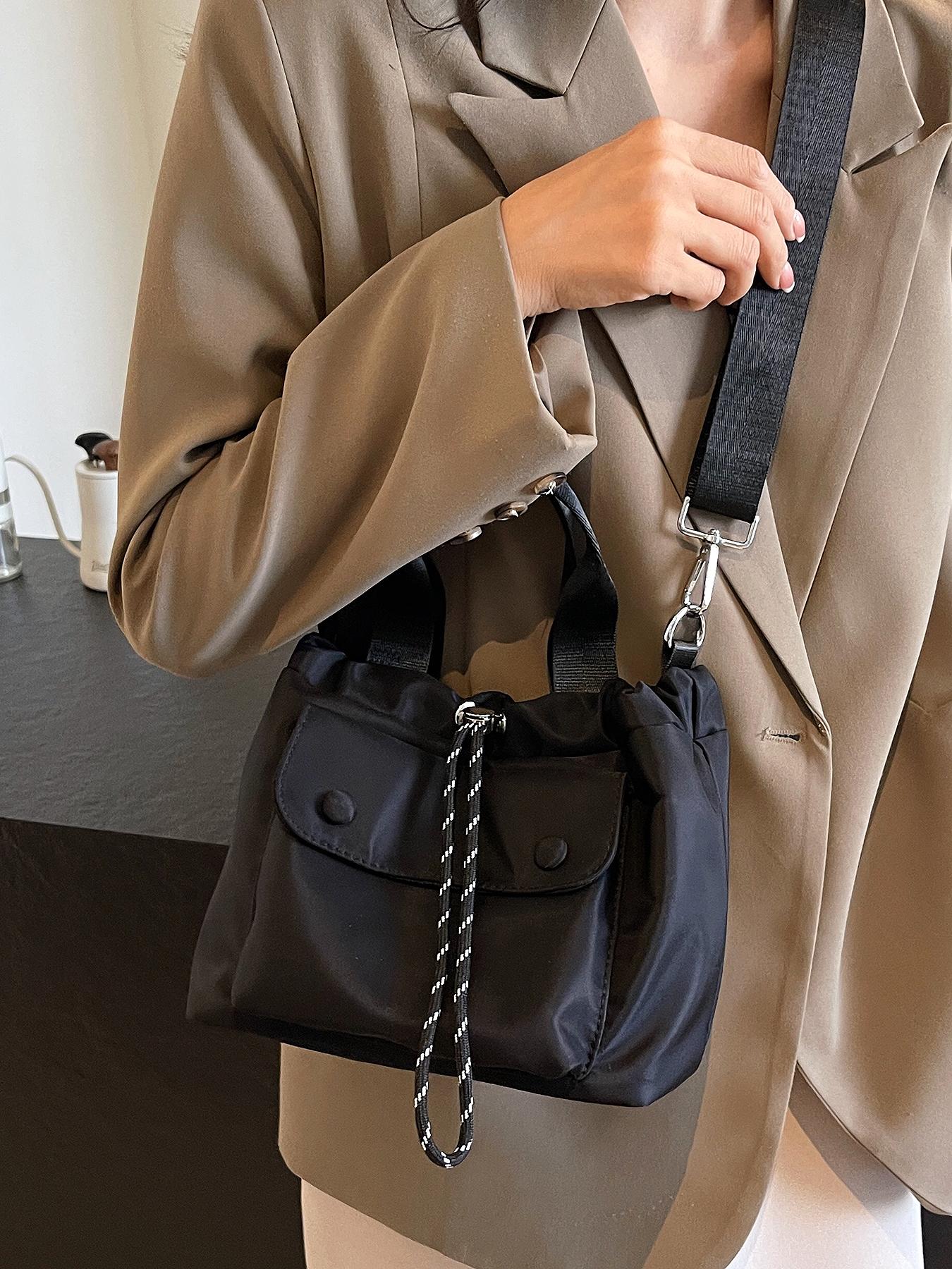 Casual drawstring bucket bag, versatile lightweight handbag, Casual Messenger Bags, textured shoulder crossbody bag, solid color shoulder commuter bag, suitable for daily commuting, Adjustable Shoulder Bag, Cross Body Bags