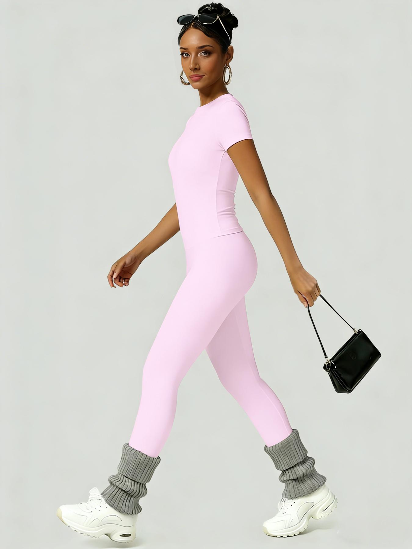 Women's Sporty Slim Fit High-Waisted Yoga Pants & Short Sleeve Round Neck Tee Set, Soft Breathable Activewear for Gym, Running and Outdoor Activities