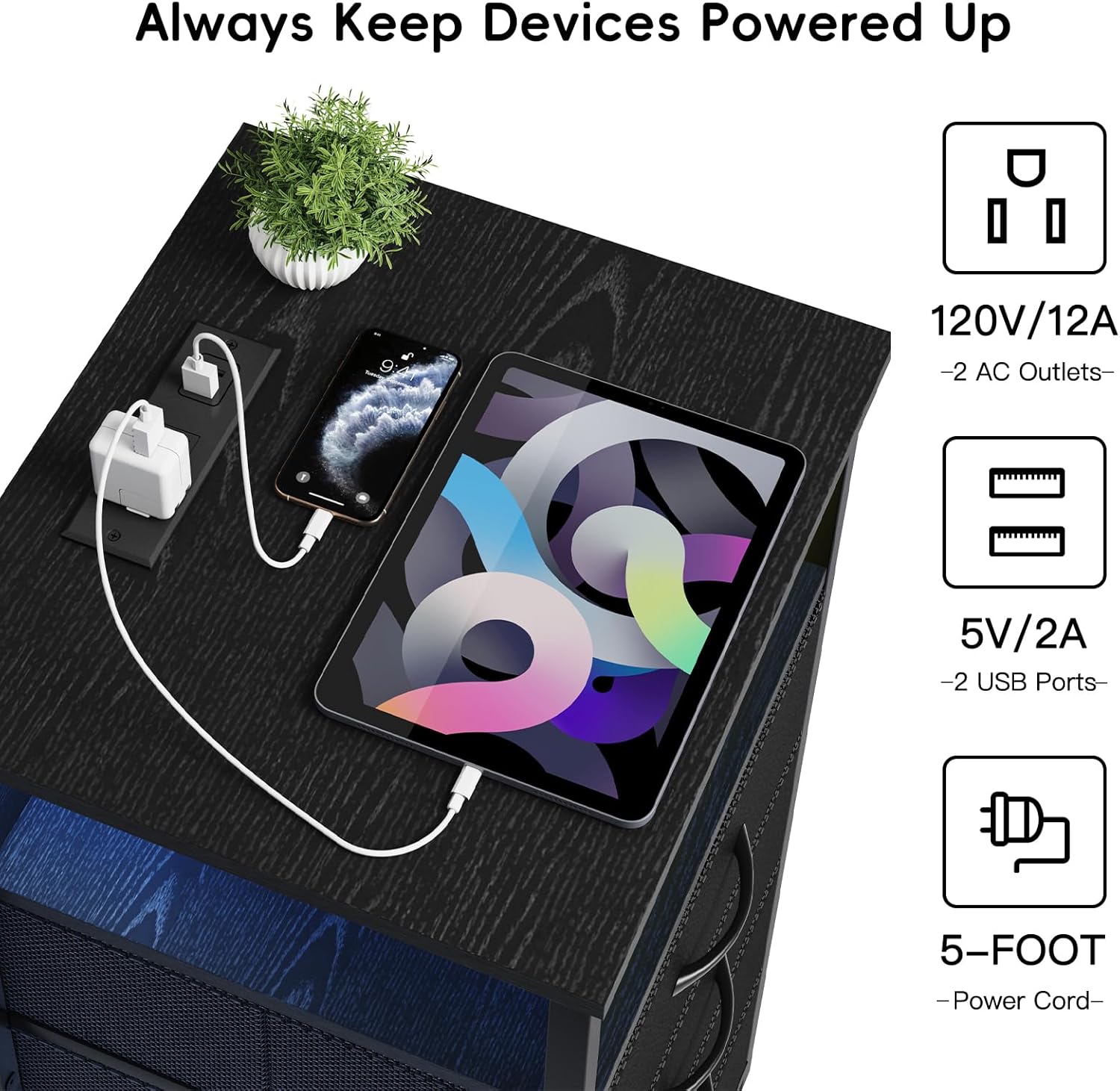 Night Stand with Charging Station, LED Nightstand with U-S-B Ports and Outlets, 3 Fabric Storage Drawers with PU Finish, Bedside Table, Black Night Stand with Charging Station, LED Nightstand with U-S-B Ports and Outlets, 3 Fabric Storage Drawers with PU Finish, Bedside Table, Black