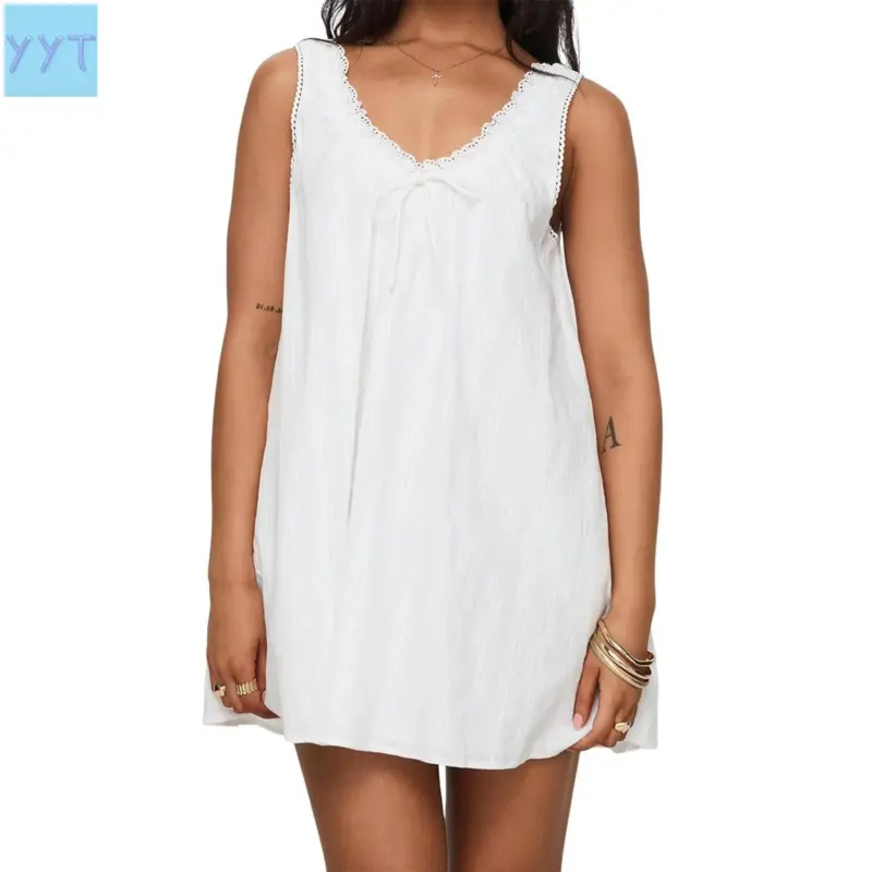 YYT1 Women's Sleeveless A-Line Cotton Blend Mini Dress - V-Neck, Patchwork Lace, V-Neck Drawcord for Baby Shower (Maternity Clothing for Sports & Outdoor Accessories Pairing)