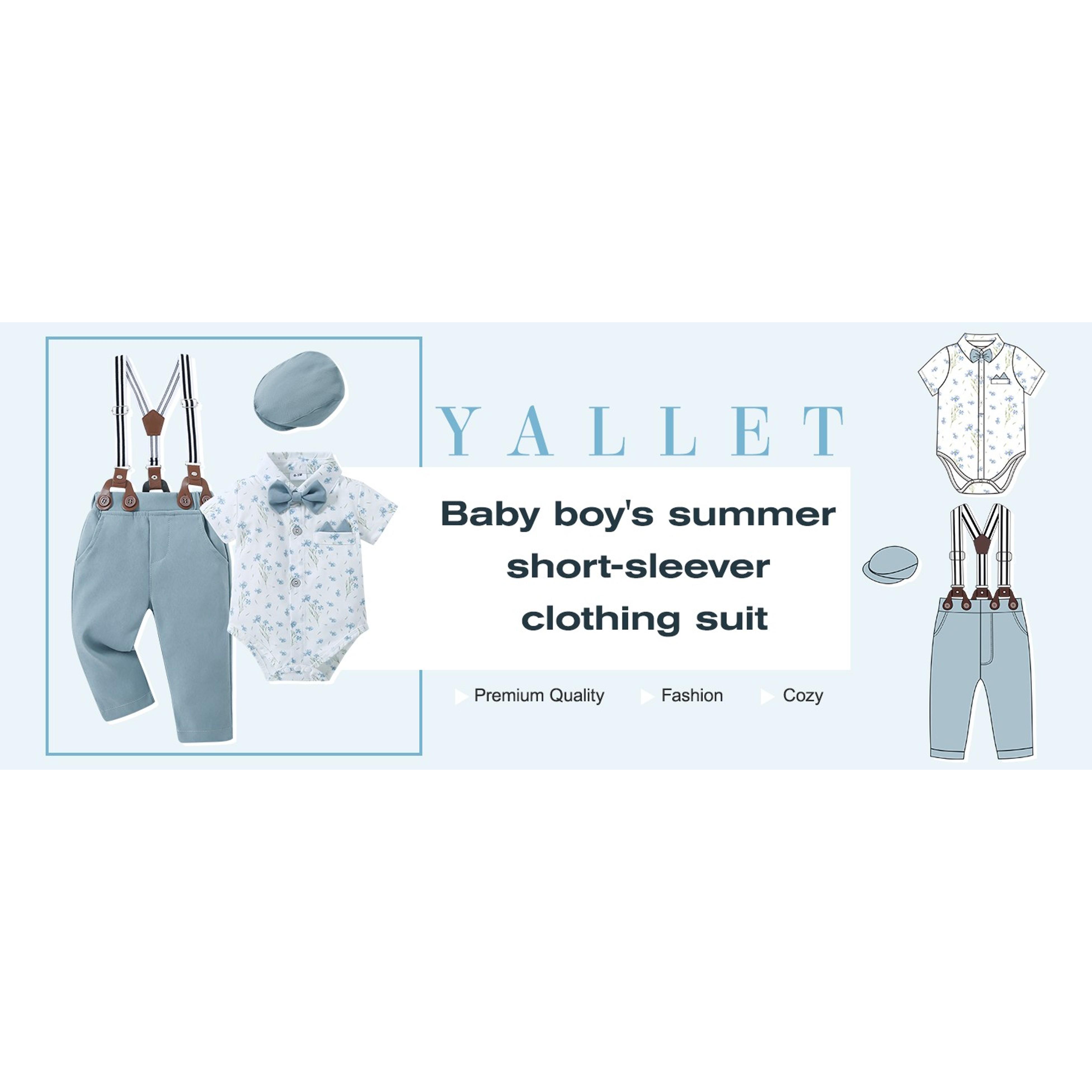 Baby Boy Gentleman Outfit Set Newborn Infant Formal Wear 0-24 Months 4-Piece Cotton Blend Short Sleeve Shirt with Beret Hat Suspenders Pants Bowtie Button Closure Sizes 0-3, 3-6, 6-12, 12-18, 18-24 MonthsGift