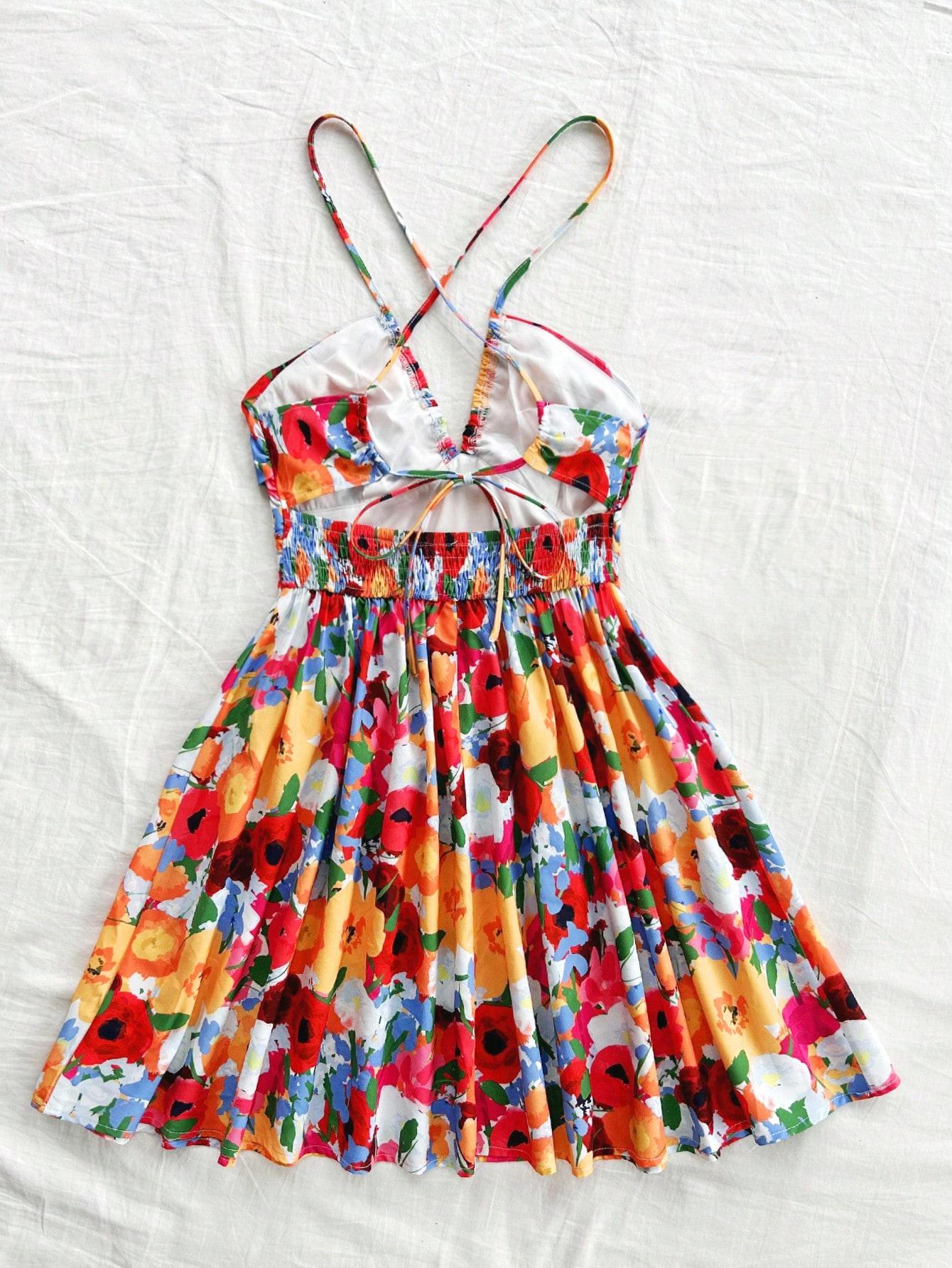 Spring Floral Halter Flowy A Line Dress Cut Out Smocked High Waisted Short Vacation Dress Sundresses