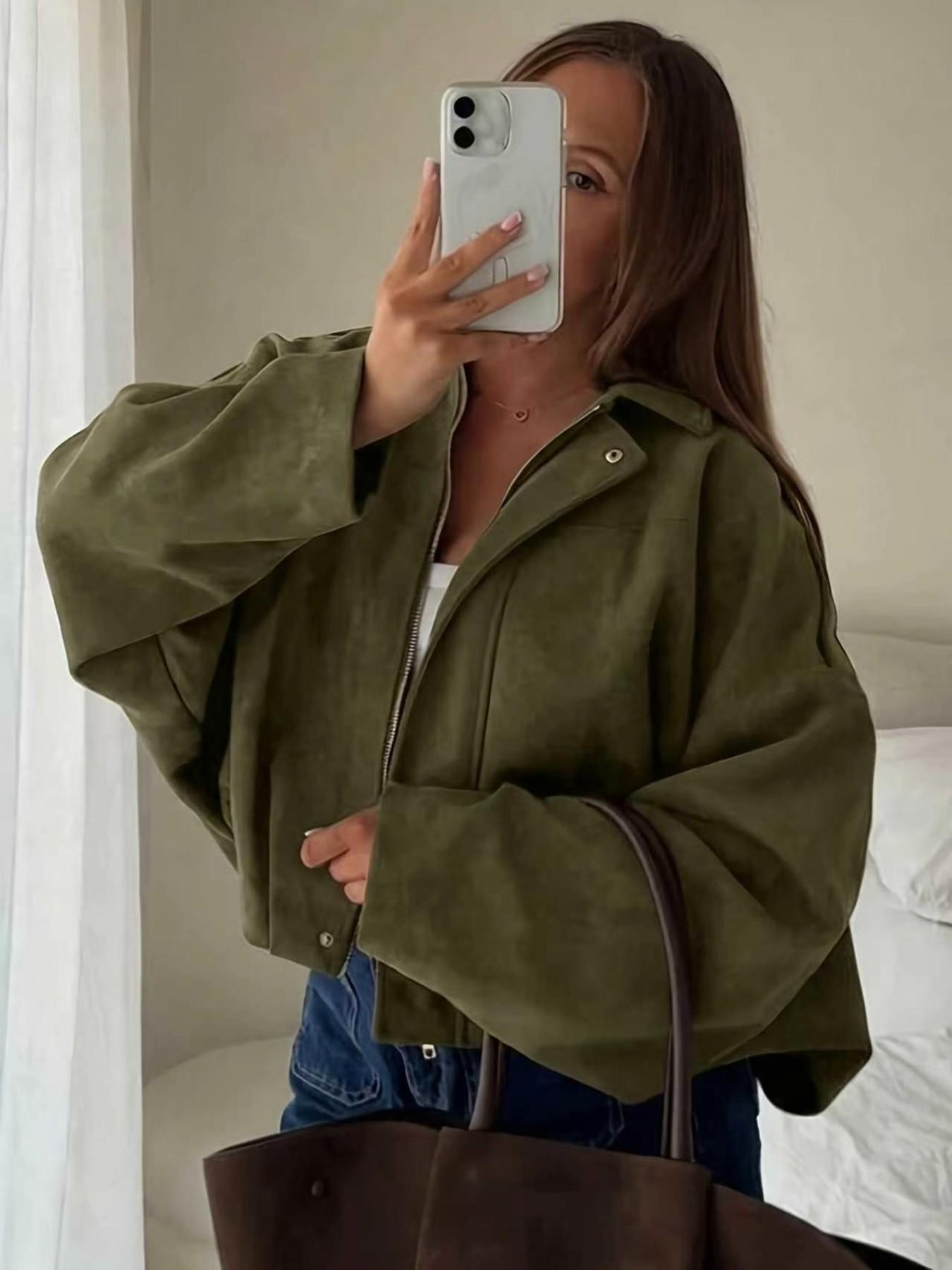 Women's Fashion Loose Short Zipper Jacket, Notched Collar Long Sleeve Pilot Coat, with Pockets, Essential for Autumn