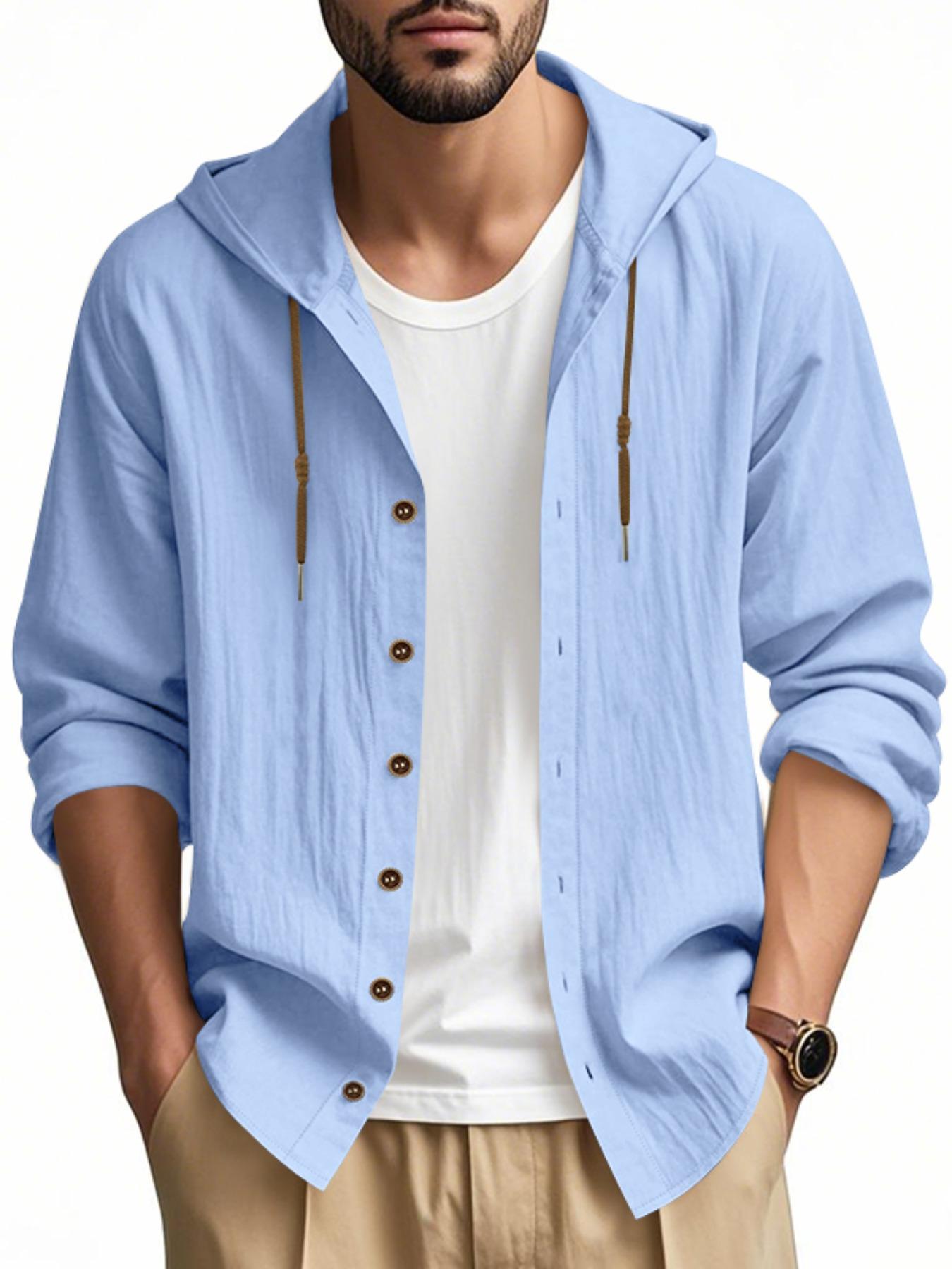Hooded Linen Long Sleeve Shirt Jacket, Hawaiian Style Casual Loose Fit, Drawstring & Button Design, Spring & Fall Fashion, Beach Vacation Essential