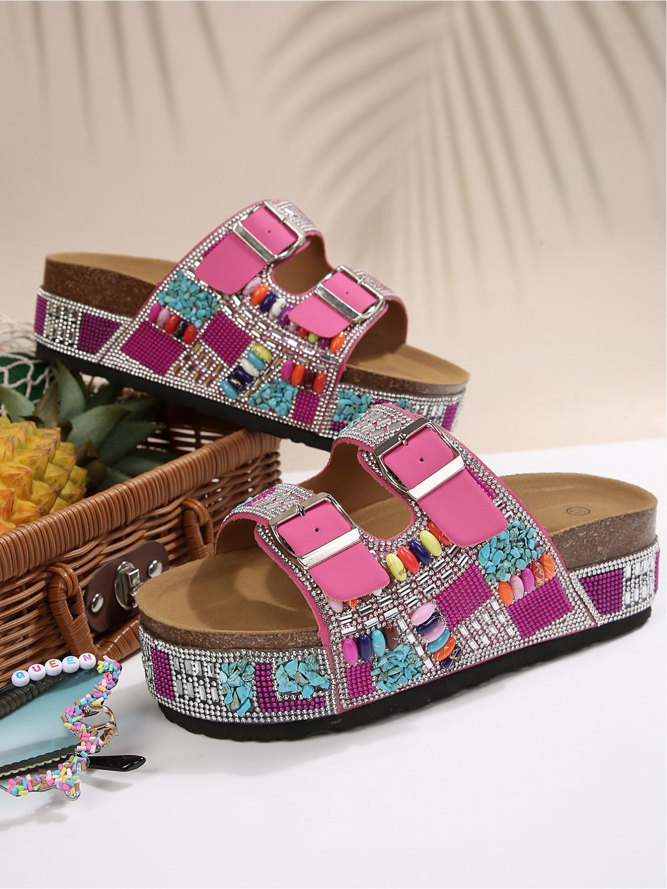 Bohemian Ethnic Style Strappy Metal Buckle Height-Increasing Holiday Beach Shoes, Dopamine Colors Y2K Hot Girl Must-Have Full Rhinestone Thick Sole Slides Women's 2026 New Summer Fashion Thick Sole Sandals