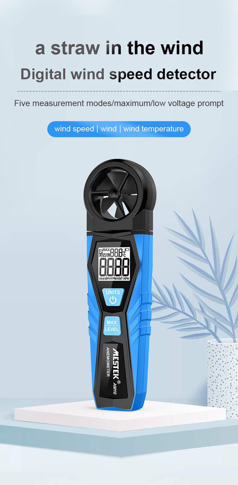 Mestek AM10 Digital Anemometer Wind Speed Gauge Meter Five Modes Rotate Wind Speed temperature measure 5 Unit m/s MPH FPM KNT KPH Wind Speed Meter