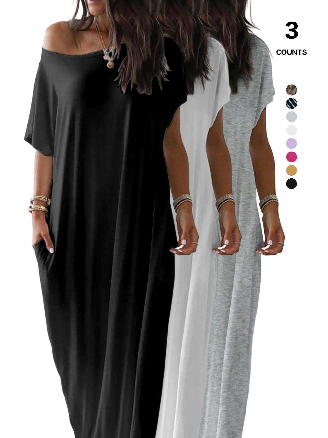 Women's Solid Color Batwing Sleeve Lounge Dress, Casual Comfy Short Sleeve Nightdress, Ladies Sleepwear for All Seasons