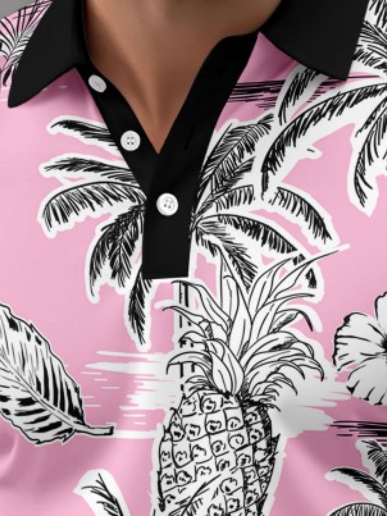 Men's Summer Tropical Pineapple Banana Palm Tree Print Polo Shirt, Casual Short Sleeve Golf Shirt, Breathable Lightweight Hawaiian Beachwear