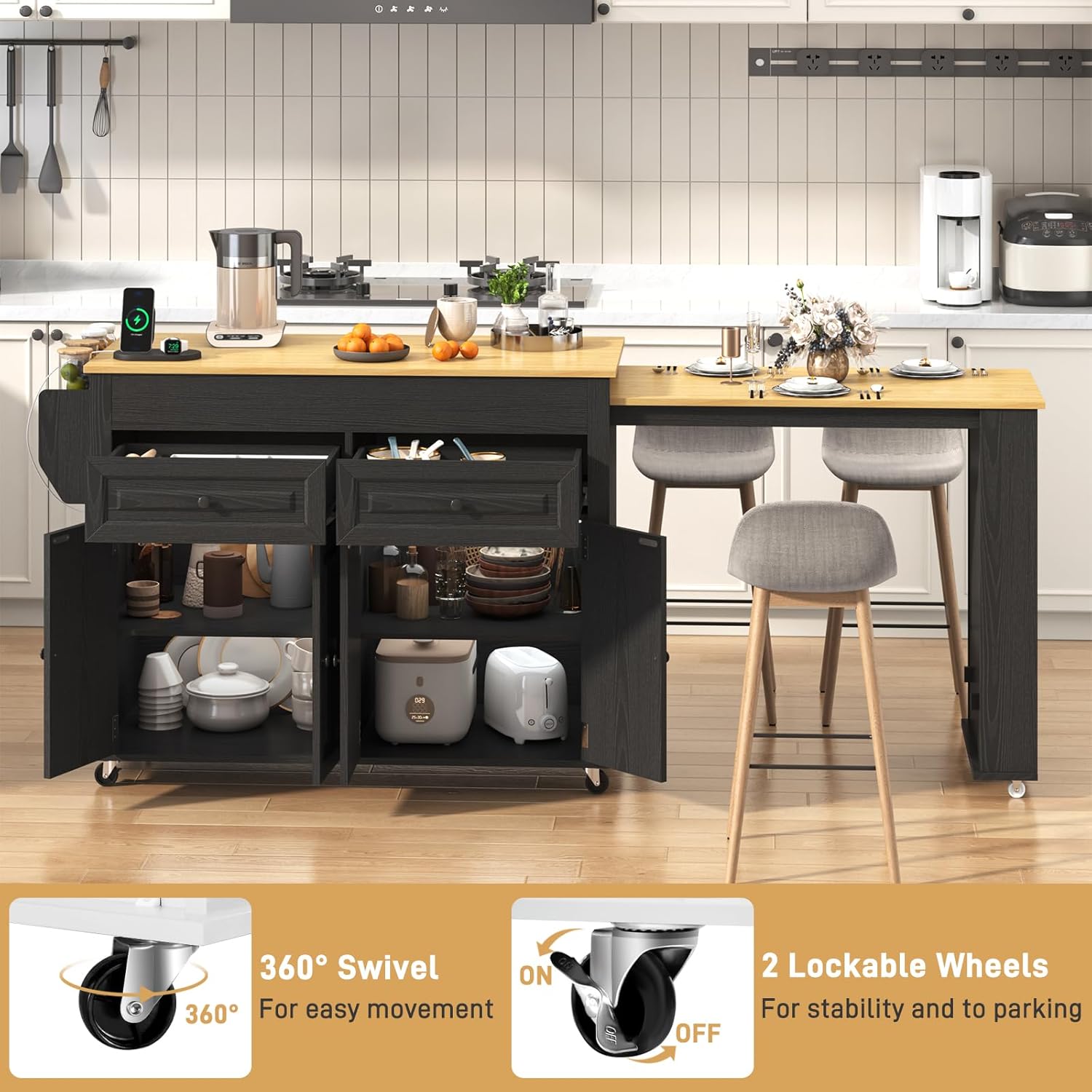 80"-48" Extendable Kitchen Island with Extended Dining Table and Power Outlet,Large Mobile Kitchen Storage Islands with 2 Storage Drawers,Rolling Islands Cart with 3 Extra Rows Open Shelves(White/Black/Brown/Blue)