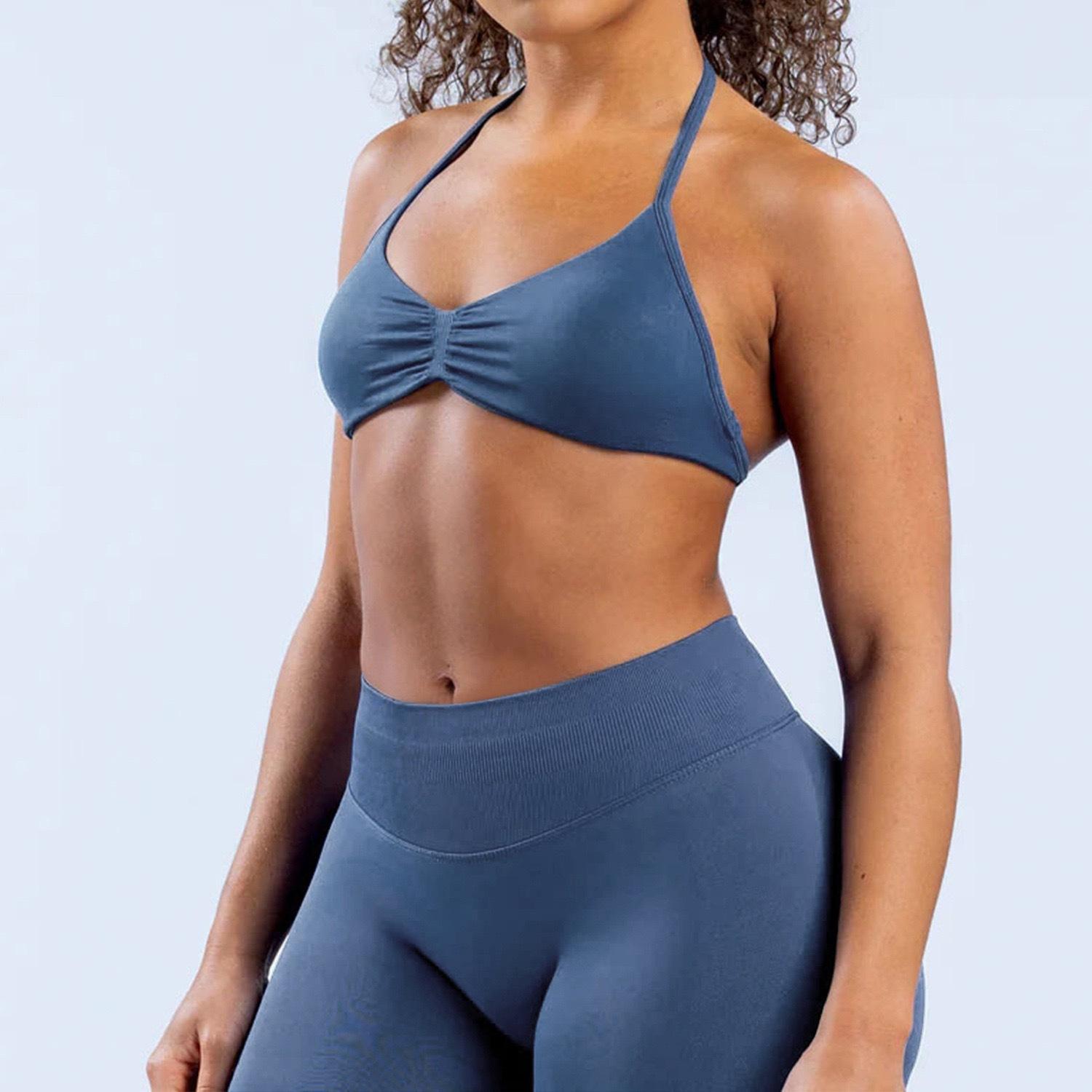 DFYNE halter neck bra with backless design and hip-lifting shorts are highly elastic and won't dig into your skin. They're versatile enough for both workouts and everyday wear.