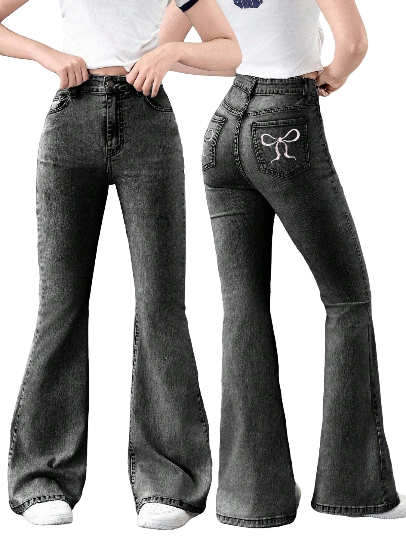 Girls Light Blue Wide Leg Jeans 130-160cm, Retro Bowknot Embroidery Denim Jeans, Kids Contrast Stitching Baggy Trousers, Sweet Summer Aesthetic