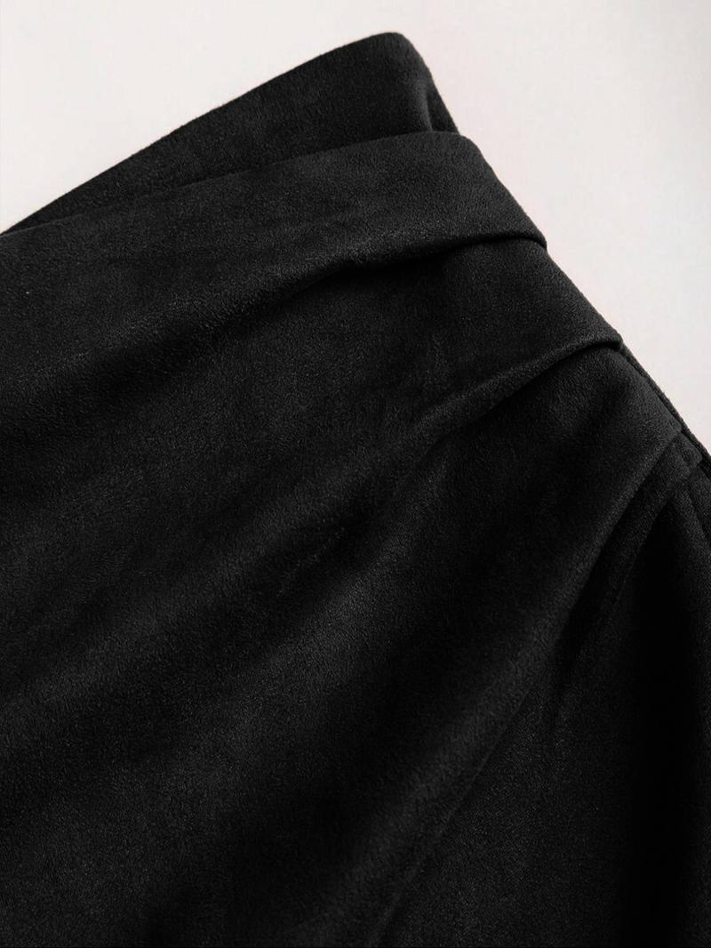 Women's Vintage Fall Winter Faux Suede Merlot Pleated Bodycon Short Skirt Set, Casual Fashion Biker Style