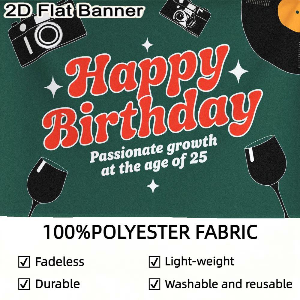 2D flat banner, 1pc25th Birthday Retro Party Backdrop, Red & Green Festive Background with Vinyl, Cameras, Wine Glasses, Star Decorations for 25th Birthday Party Decor