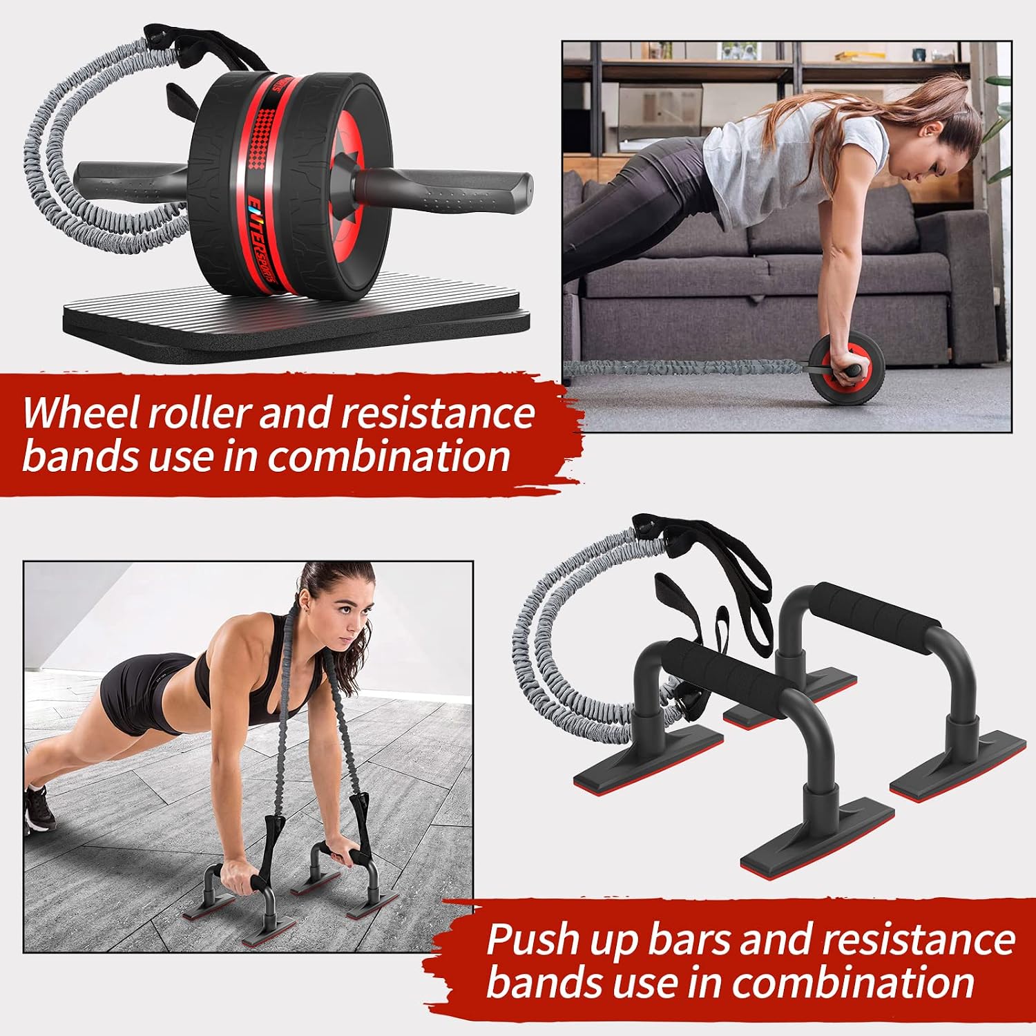 AB Wheel Roller, 6-in-1 Exercise Roller Wheel Kit with Knee Pad, Resistance Bands, Pad Push Up Bars Handles Grips, Perfect Home Gym Equipment for Men Women Abdominal Roller (Red)