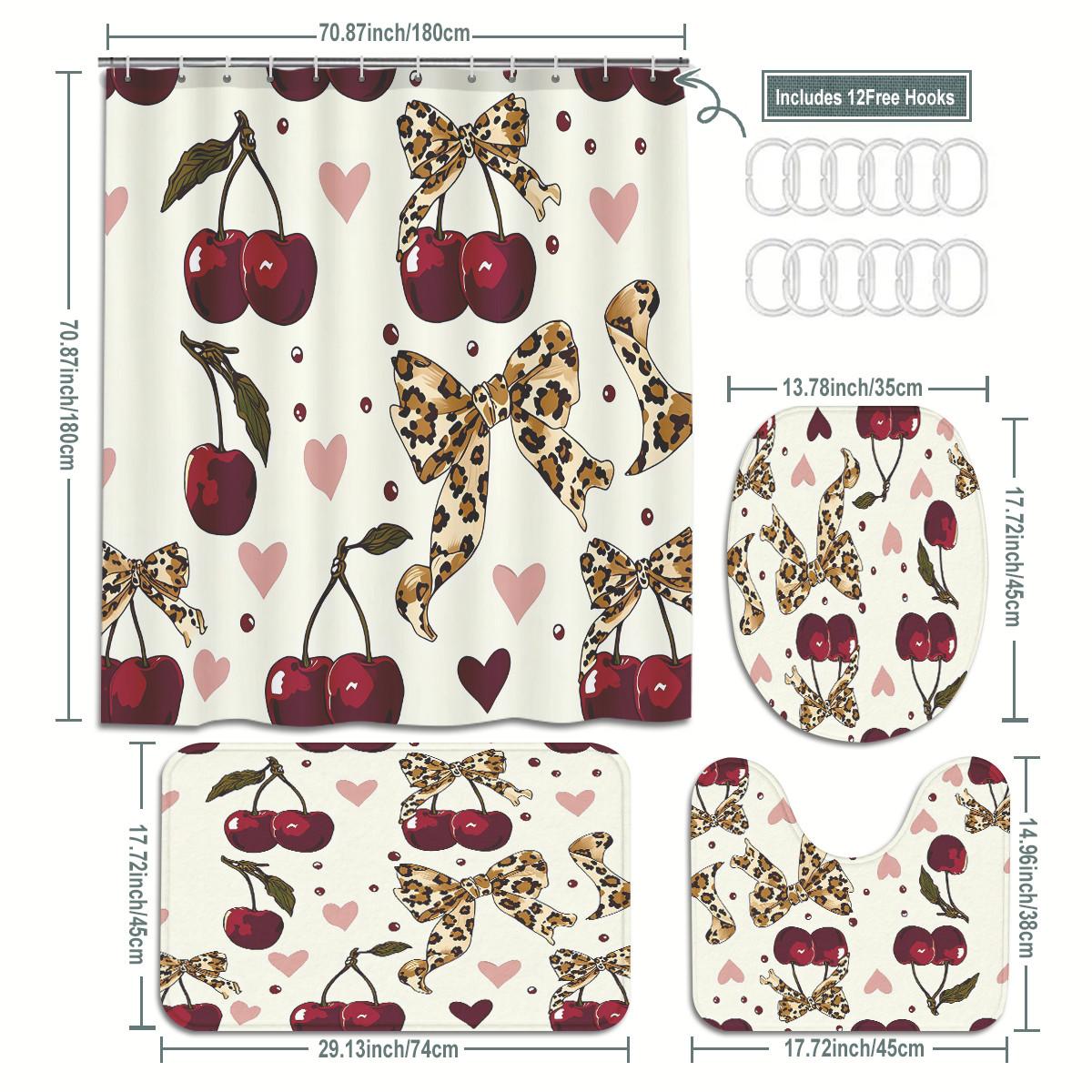 4pcs Shower Curtain Set with Cherries, Leopard Bows, Hearts, Bathroom Decor, Valentine's Day Theme, Romantic Bathroom Style