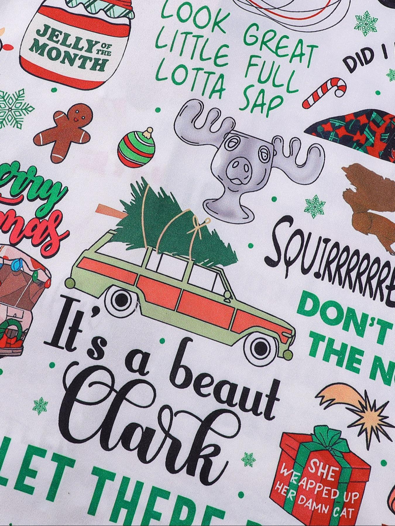 【Christmas Pajamas】It's A Beaut Clark Christmas Women's Set, Long Sleeve Button Front Top & Elastic Pants, Soft Comfortable Holiday Sleepwear & Loungewear for Women