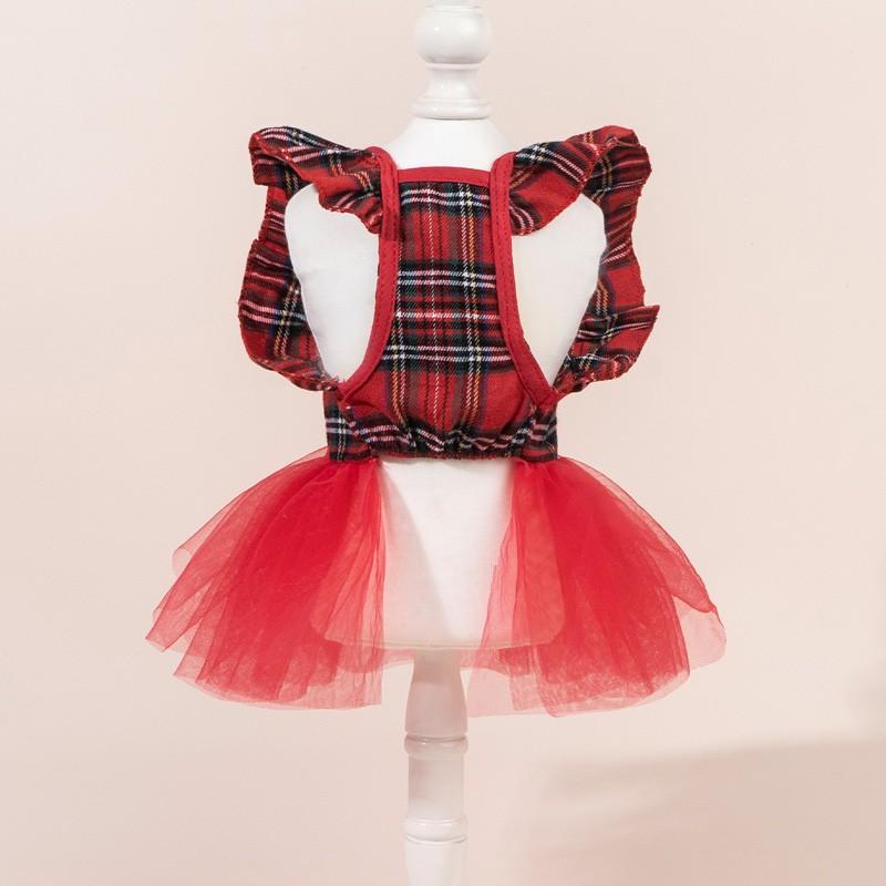 Cute Fashion Print Pet Dress with Bow, Plaid Pet Costume, Elastic Mesh Princess Dress, Puppy Cat, Complete Set
