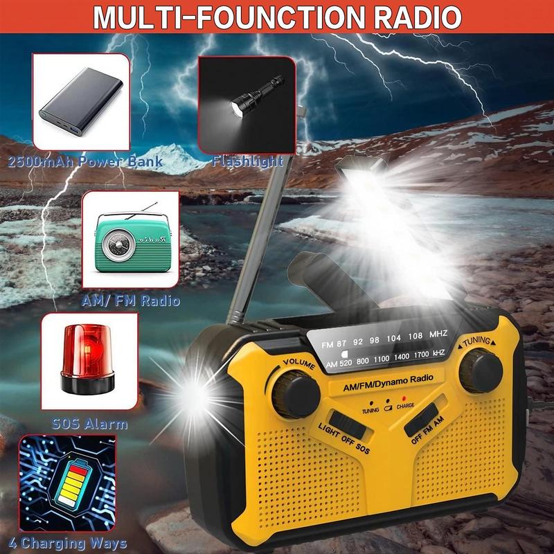 Solar AM/FM Portable Multifunctional Radio with Flashlight, Reading Lamp, SOS Alarm – 2500mAh Power Bank, Crank & Battery Powered for Camping, Hiking & Emergency Survival Gear