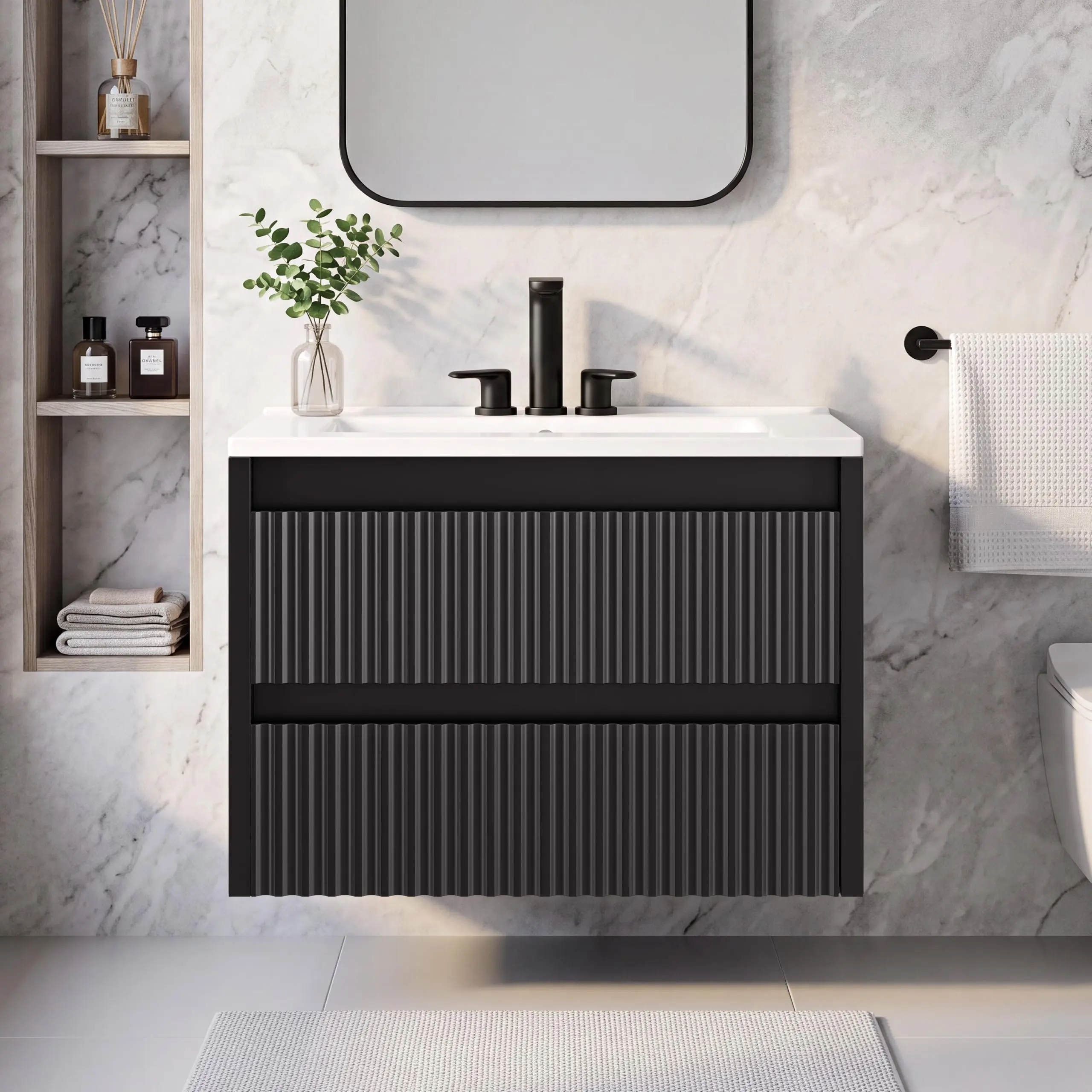 24" Bathroom Vanity with Ceramic Sink, Wall Mounted Floating Cabinet, Fluted Wave Design, 4"/8" 3-Hole, Modern Space Saving Vanity for Small Bathroom