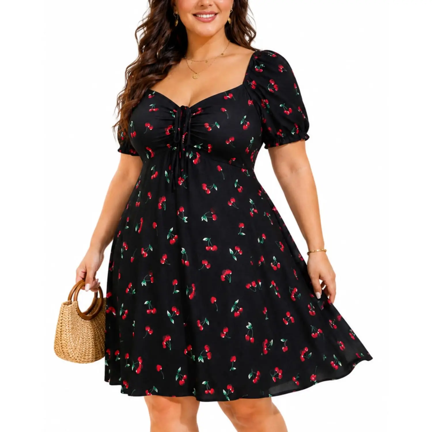 Pinup Fashion Women's Plus Size Casual Puffy Short-Sleeve Smocked A-Line Babydoll Mini Sundress - Beach-Ready Fabric, Flattering Fit, Shortsleeve