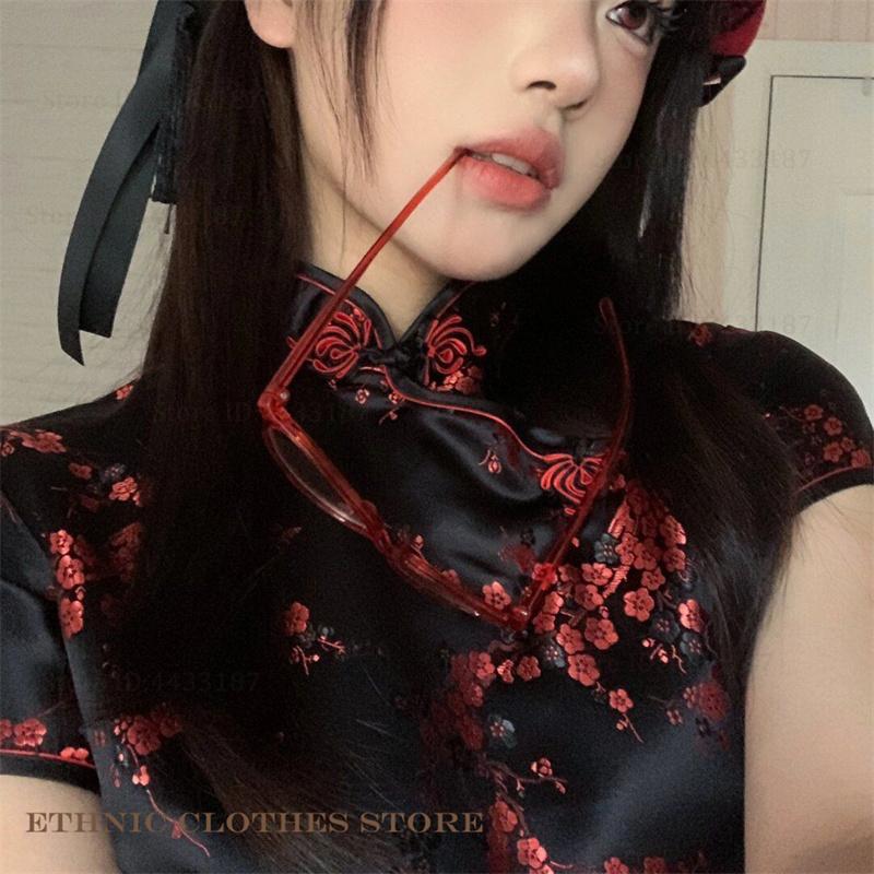 Classic Chinese Style Dress Female Qipao Sexy Short Sleeve Mini Cheongsam Elegant Jacquard Flower Traditional Clothing   Qipao