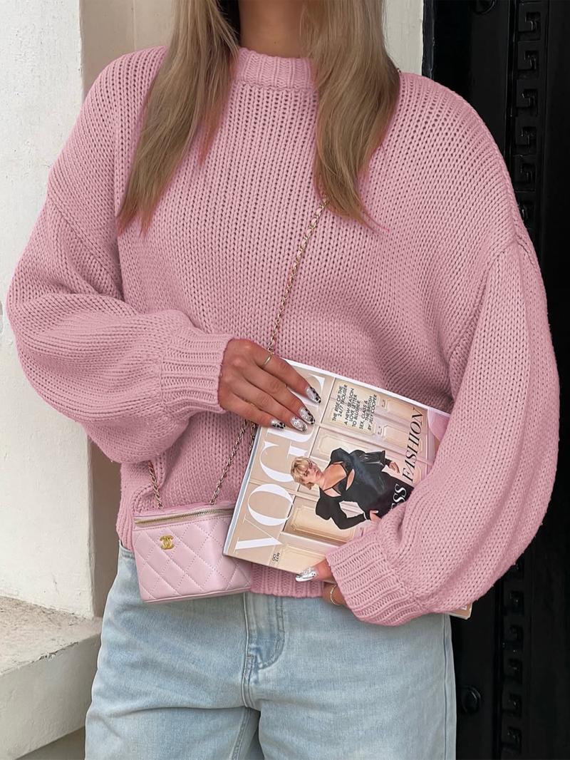 Women's Casual Round Neck Long Sleeve Sweater, Plain Knit Pullover Top for Winter, Fitted Style, Moderate Fabric Thickness Knitwear