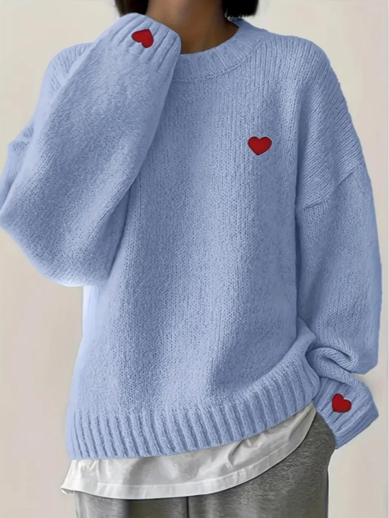 Women's Winter New Fashion Sweater, Embroidered Heart Knitwear, Elegant Casual Woolen Pullover, Loose Long Sleeve Top, Embroidery