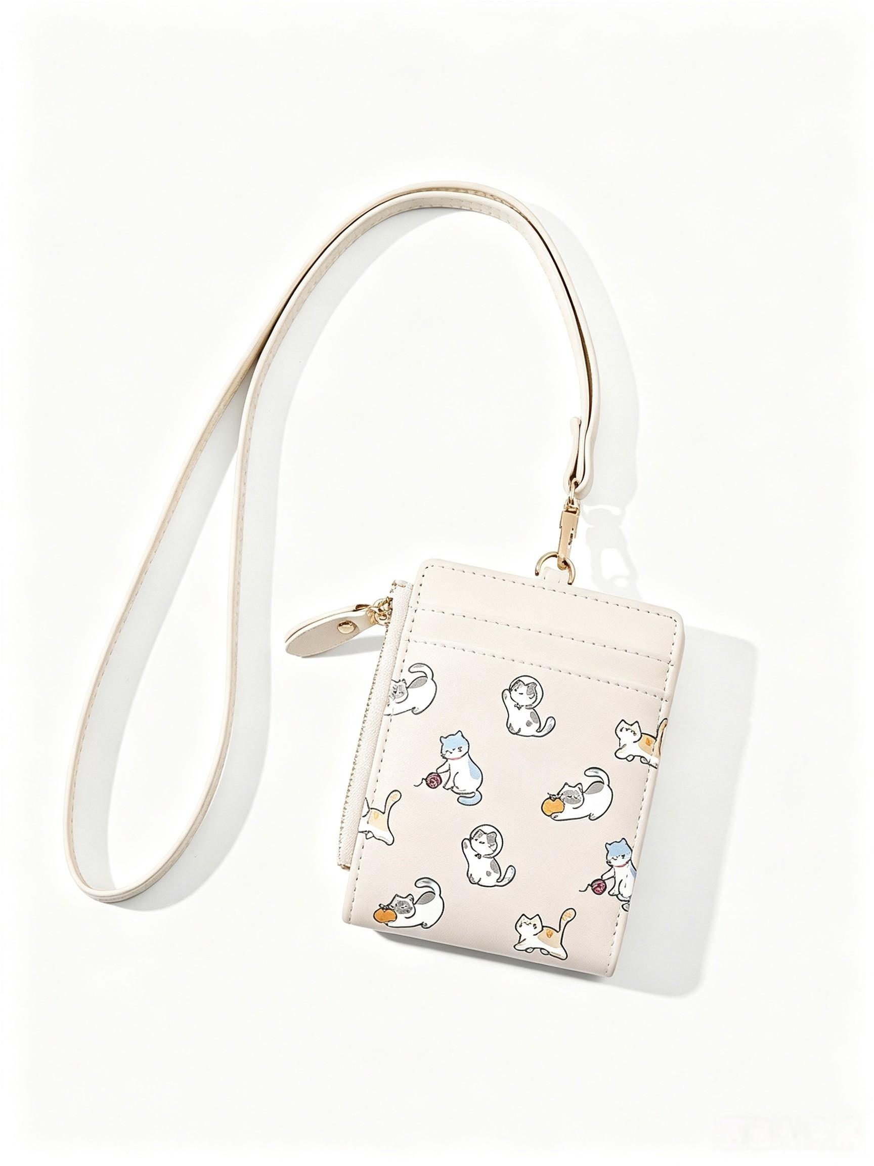 1PC Commute Neck Lanyard Card Holder, Student Campus ID Badge Case, Cute Cat Foldable Zipper Coin Purse, Cash & Card Storage Pouch for Shopping & Trips
