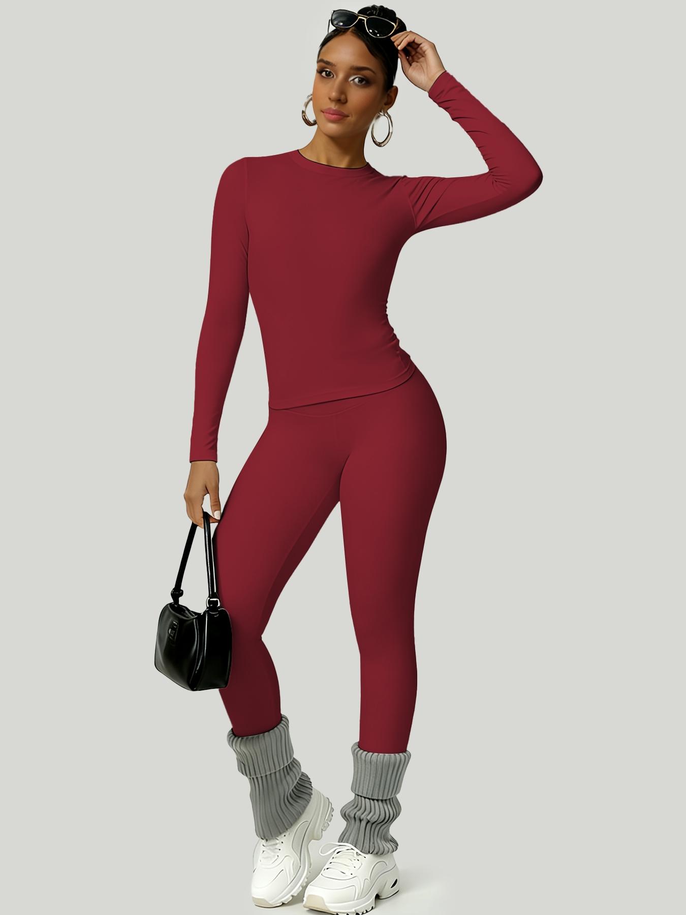 Women's Simple Solid Color Sportswear Set, Comfortable T-Shirt & Slimming High-Waisted Pants, Ideal for Fall & Winter Yoga Sports, Yoga Tracksuit Set