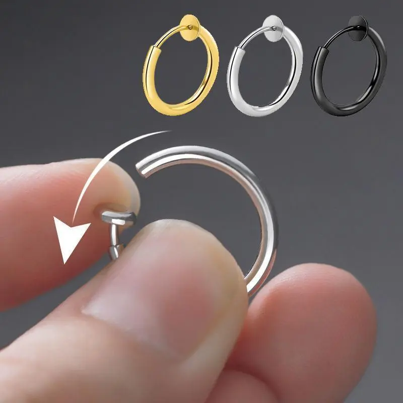 Unisex 2Pcs Stainless Steel Sleeper Hoop Earrings - Spring Clip, Painless No-Piercing Stealth Fake Jewelry, 8-16mm Small Ear Clips for Casual Wear