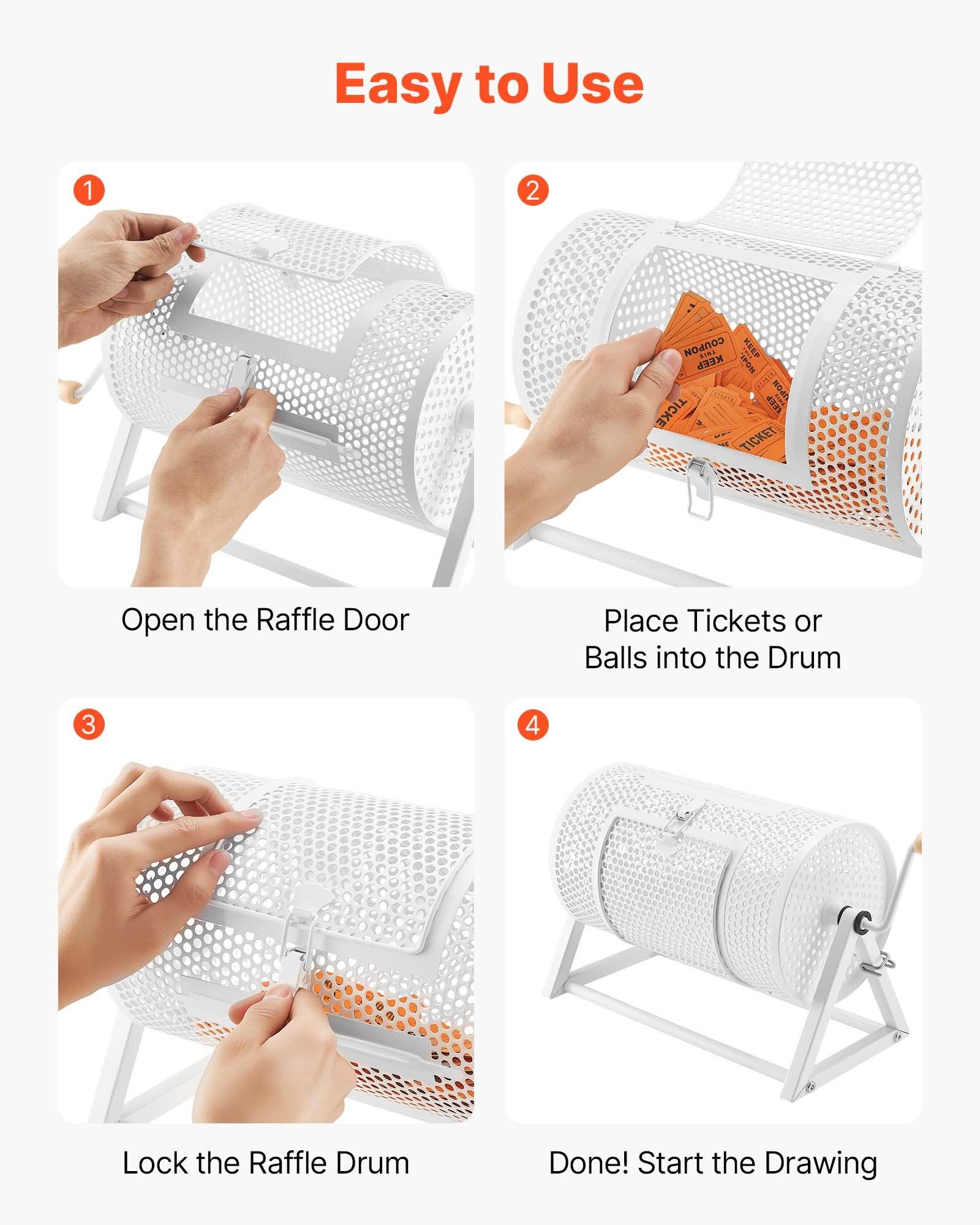 VEVOR Raffle Ticket Spinner, 11.6" x 6.6" Holds 2500 Tickets or 100 Ping Pong Balls, Raffle Drum Lottery Spinning Cage with Reinforced Handle, Stable Triangular Stand, for Events and Gatherings, Whit