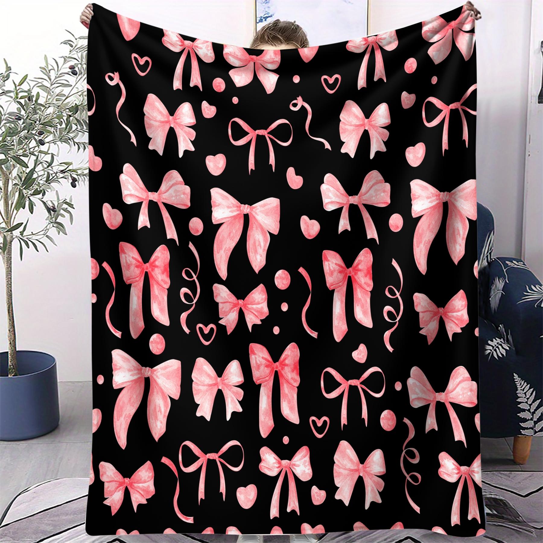 1Pcs Coquette Pink Bow Digital Print Flannel Blanket, Sweet Y2K Aesthetic Throw Blanket, Soft Fluffy Lightweight Warm Blanket, Cozy All-Season Gift Blanket, Perfect for Bedroom, Sofa, Dorm, Living Room & Travel Use
