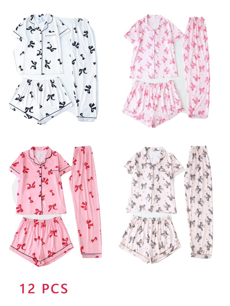 Three-piece Set Women's Bowknot & Heart Print Pajama Set, Cute Comfy Short Sleeve Tee & Elastic Waist Trousers & Shorts Pj Set, Ladies Sleepwear for All Seasons, Casual Sleepwear Set
