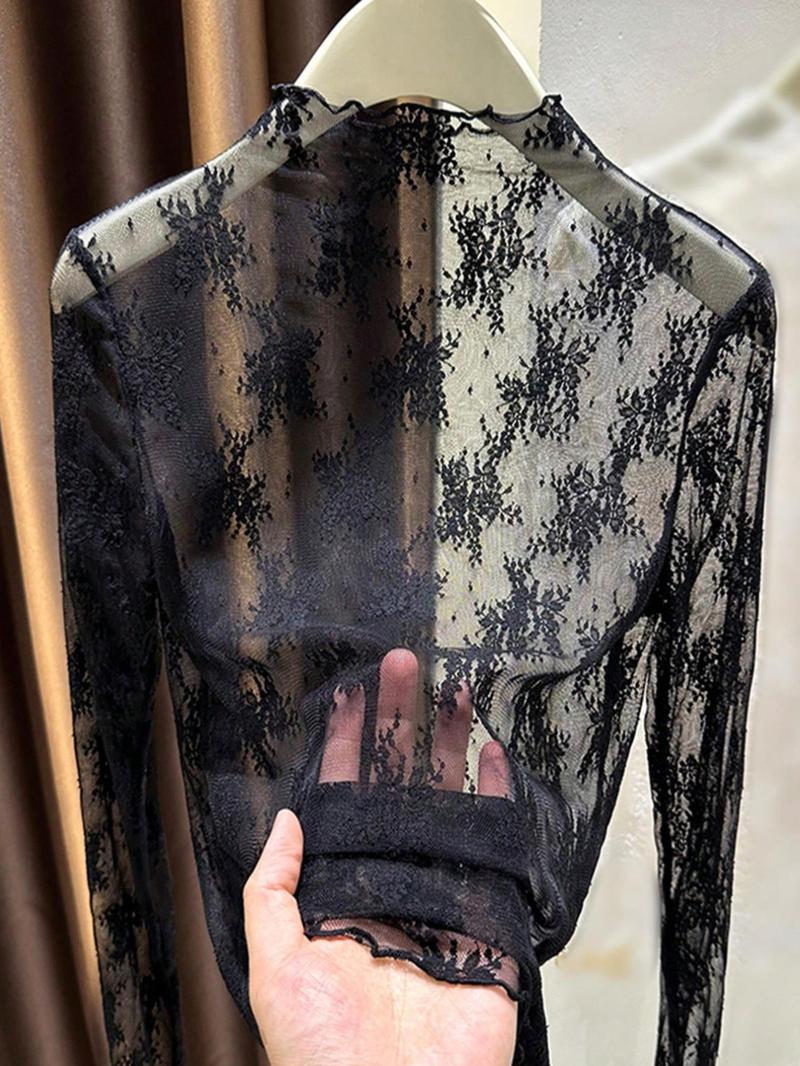 Lace Fake Collar Stacked Sheer Mesh Long Sleeve Underwear, Suitable for Spring Summer Autumn, Women's Fashion Innerwear