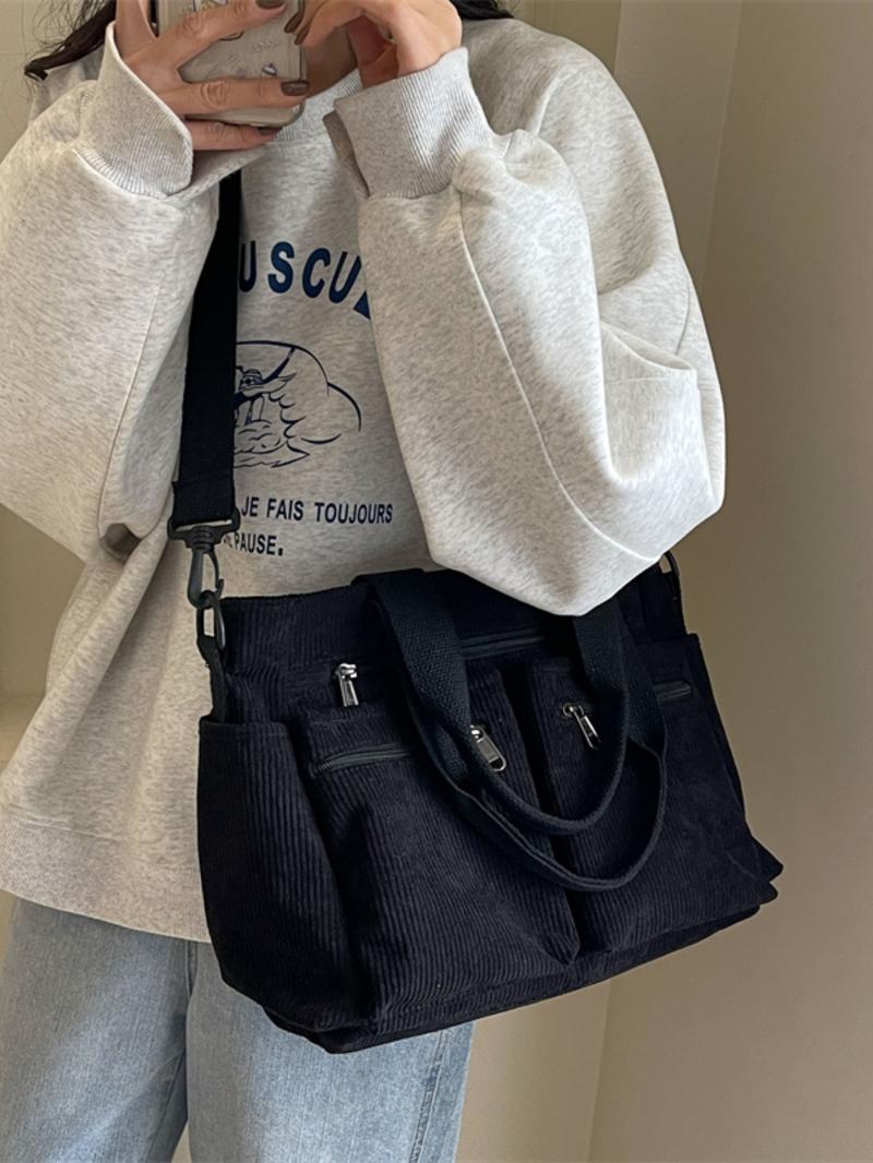 Women's Solid Color Zipper Tote Bag, Large Capacity Multi-pocket Portable Shoulder Bag, Casual Trendy Versatile High-quality Daily Commuting Bag