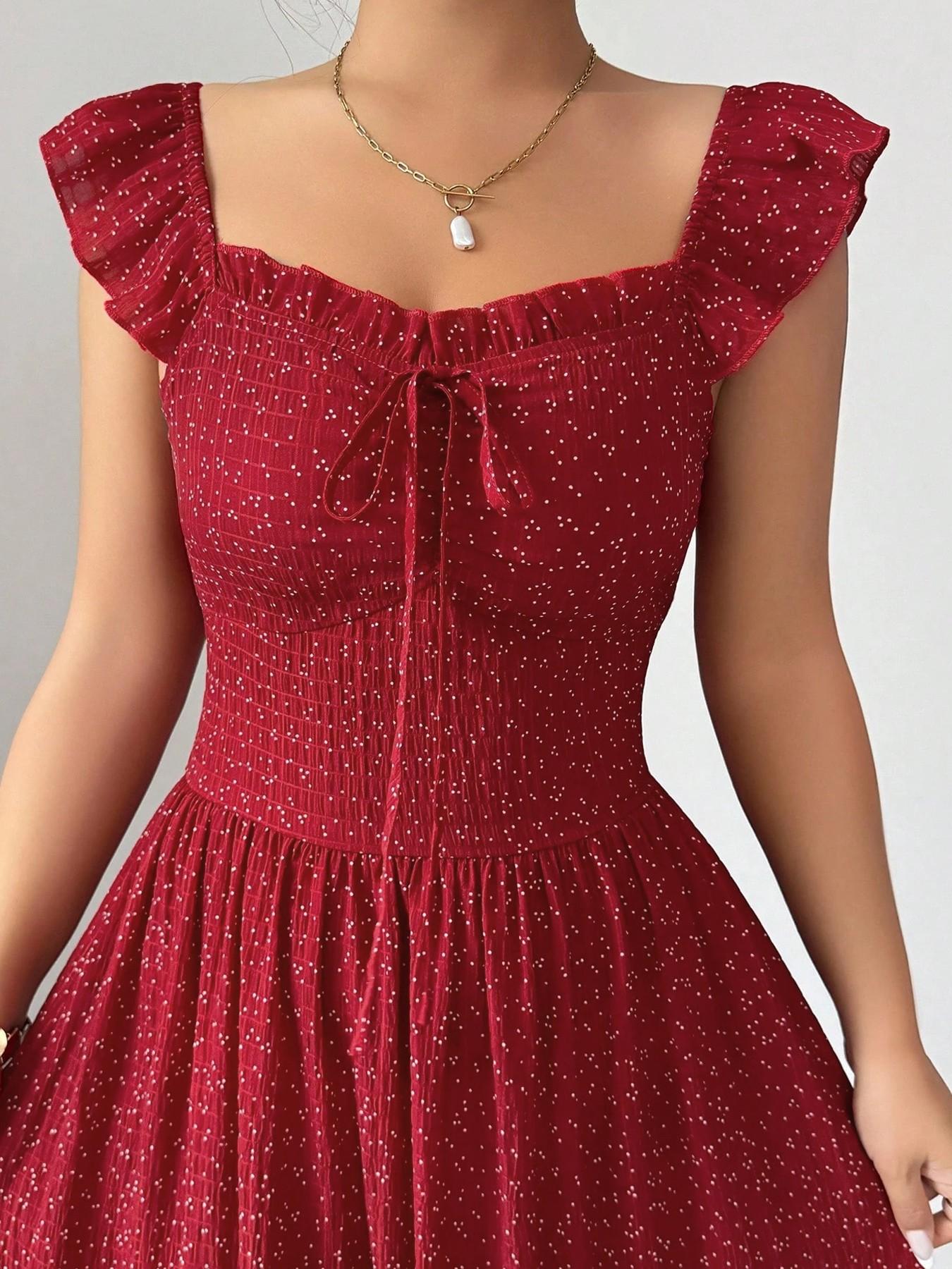 1 Piece Spring & Summer Ruffled Square Neck Polka Dot Maxi Dress , Back Tie Design Retro Sweet Style for Date Nights, Vacation and Beach Party Dress,Waist-Cinching Slimming Romantic Girl Style for Parties and Daily Outings, Casual Wear