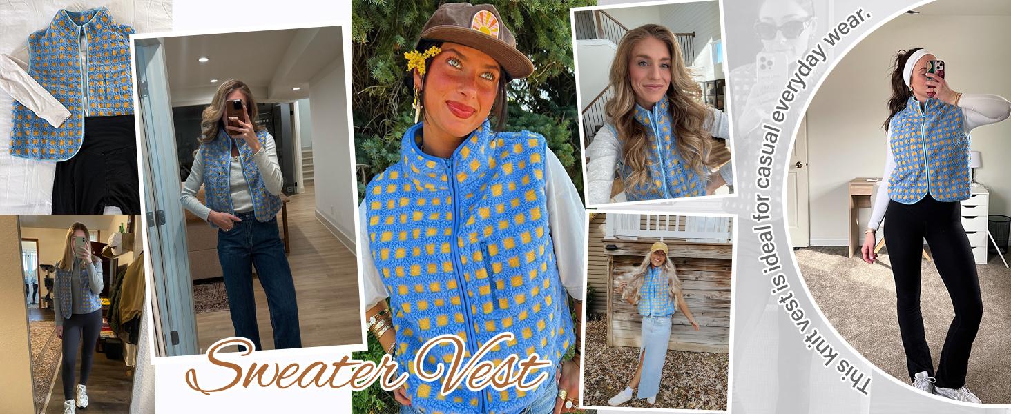 Songling Sweater Vest for Women Crochet Knit Cardigan Sleeveless Chunky Tops Button Down Casual Trendy Coats with Pockets Womenswear Fitted