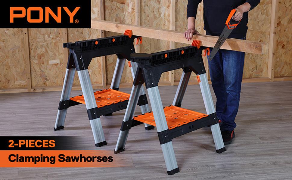 #JumpstartSale PONY 2-Pack Clamping Sawhorses, 1200 LBS Load Capacity, 30-3/4" Folding Sawhorse with 12” F Clamps, Bench Dogs, Angle Clamps, 2" Spring Clamps, Steel Legs, Heavy Duty for Woodworking