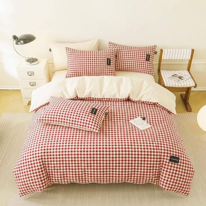Colorful Cationic Fabric Plaid Four-Piece Set, Includes Duvet Cover, Bed Skirt, Pillowcases, Comfortable and Stylish Bedroom Essentials