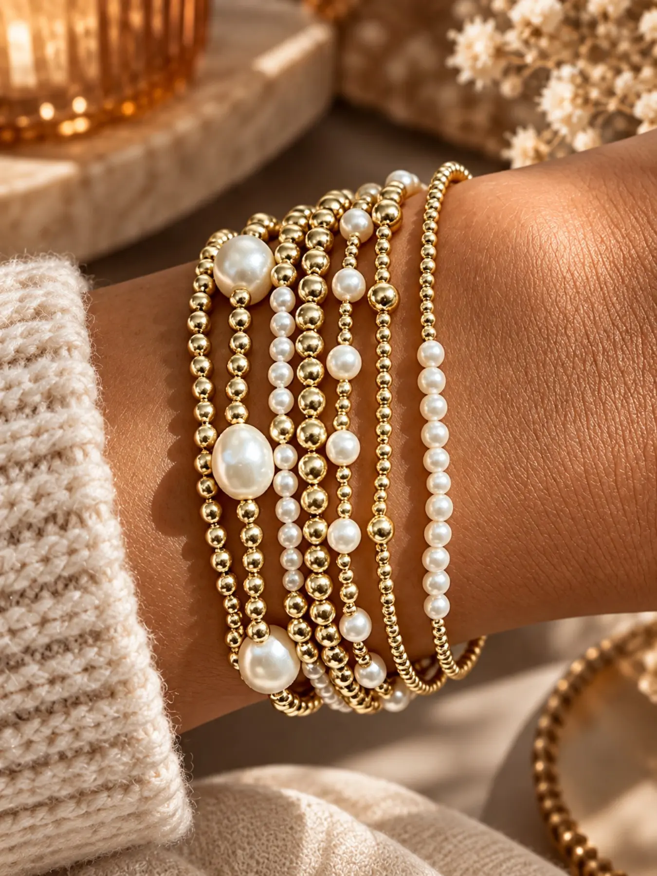 7pcs Beaded & Faux Pearl Bracelet Set for Women, Stackable Stretch Bracelets, Stackable Bangles, Elegant Layered Jewelry, Holiday Party Gift