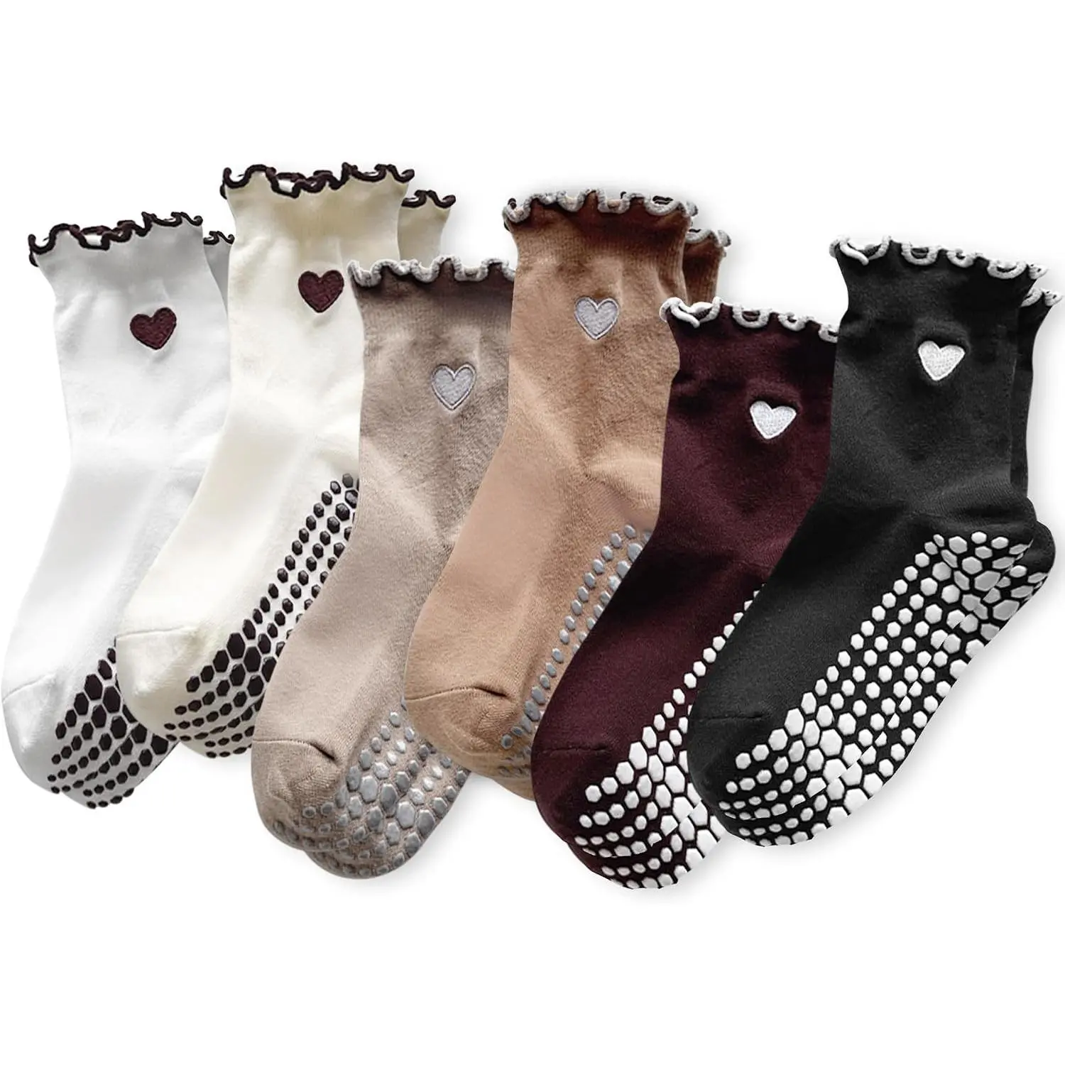 Non-Slip Grip Socks for Women, 4/6 Pairs Cute Cotton Pilates Yoga Barre Ballet Dance Athletic Crew Socks with Ruffles, Hospital & Home Slipper Socks, Shoe Size 5-10Gift
