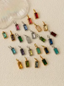 1PC Fashion Bohemian Style Pendant, set with synthetic cubic zirconia, multicolored, rectangular, December birthstone, stainless steel plated with 18K gold, suitable for DIY fashion accessories such as keychains, bags, and jewelry.
