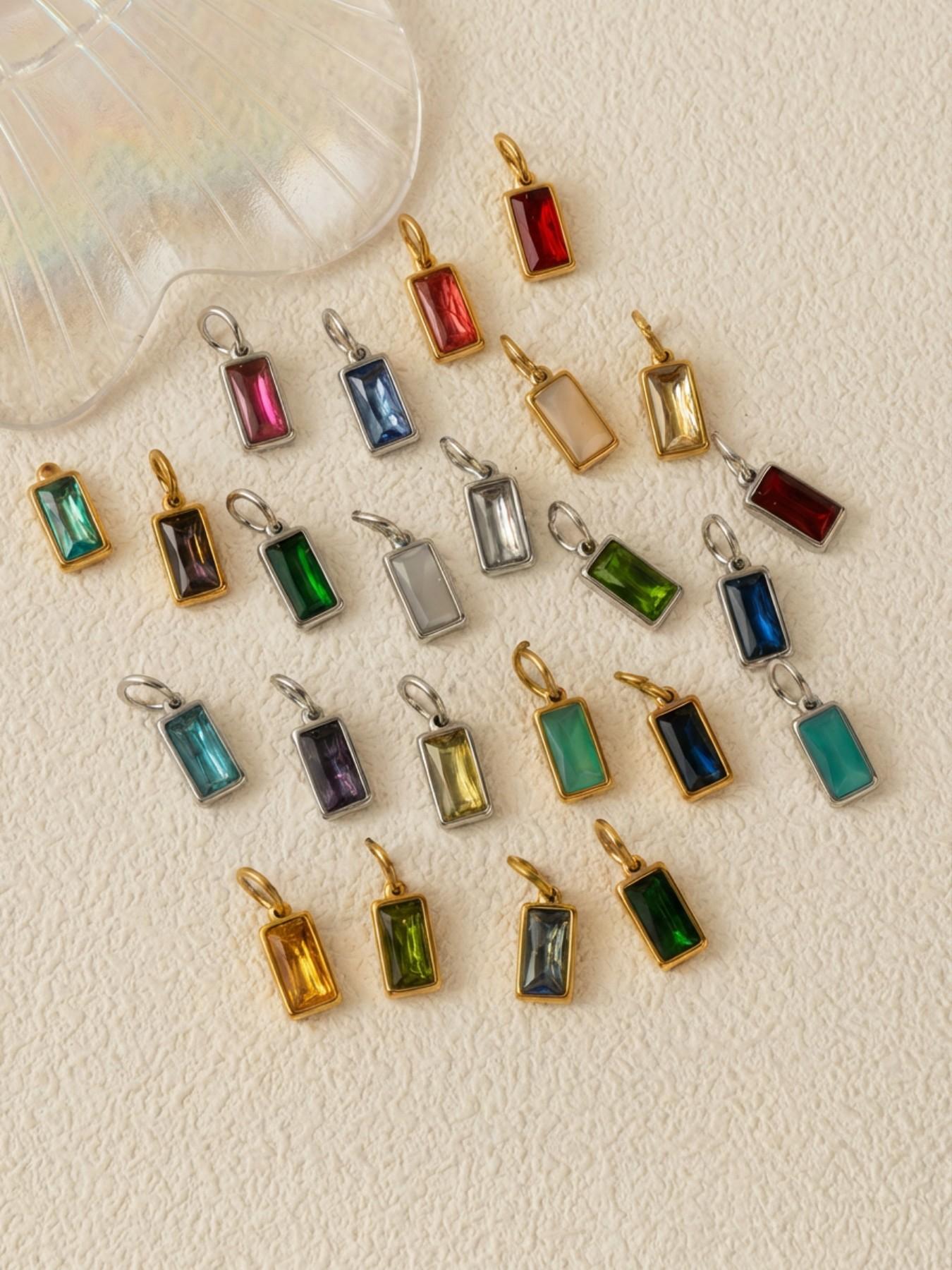 1PC Fashion Bohemian Style Pendant, set with synthetic cubic zirconia, multicolored, rectangular, December birthstone, stainless steel plated with 18K gold, suitable for DIY fashion accessories such as keychains, bags, and jewelry.