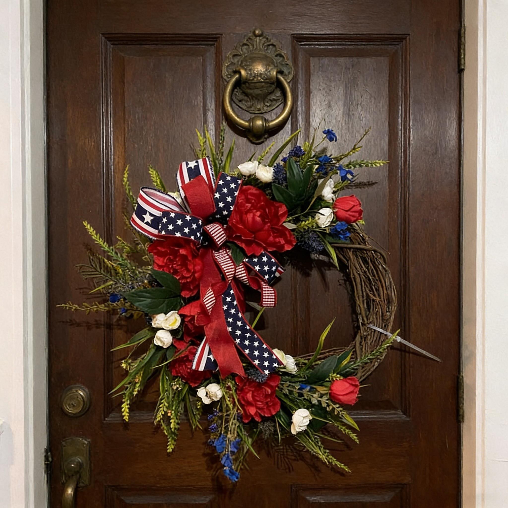 Patriotic July 4th Wreath, Peony and Mixed Flowers with Patriotic Bow, Independence Day Farmhouse Porch Decor, Artificial Floral Arrangement