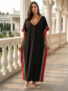 EDOLYNSA Striped kaftan dress cozy house robe muumuu outfits Moo Moo Dress vacation relaxed beach wear leisure wear versatile cover up daily wear Homewear Q1615