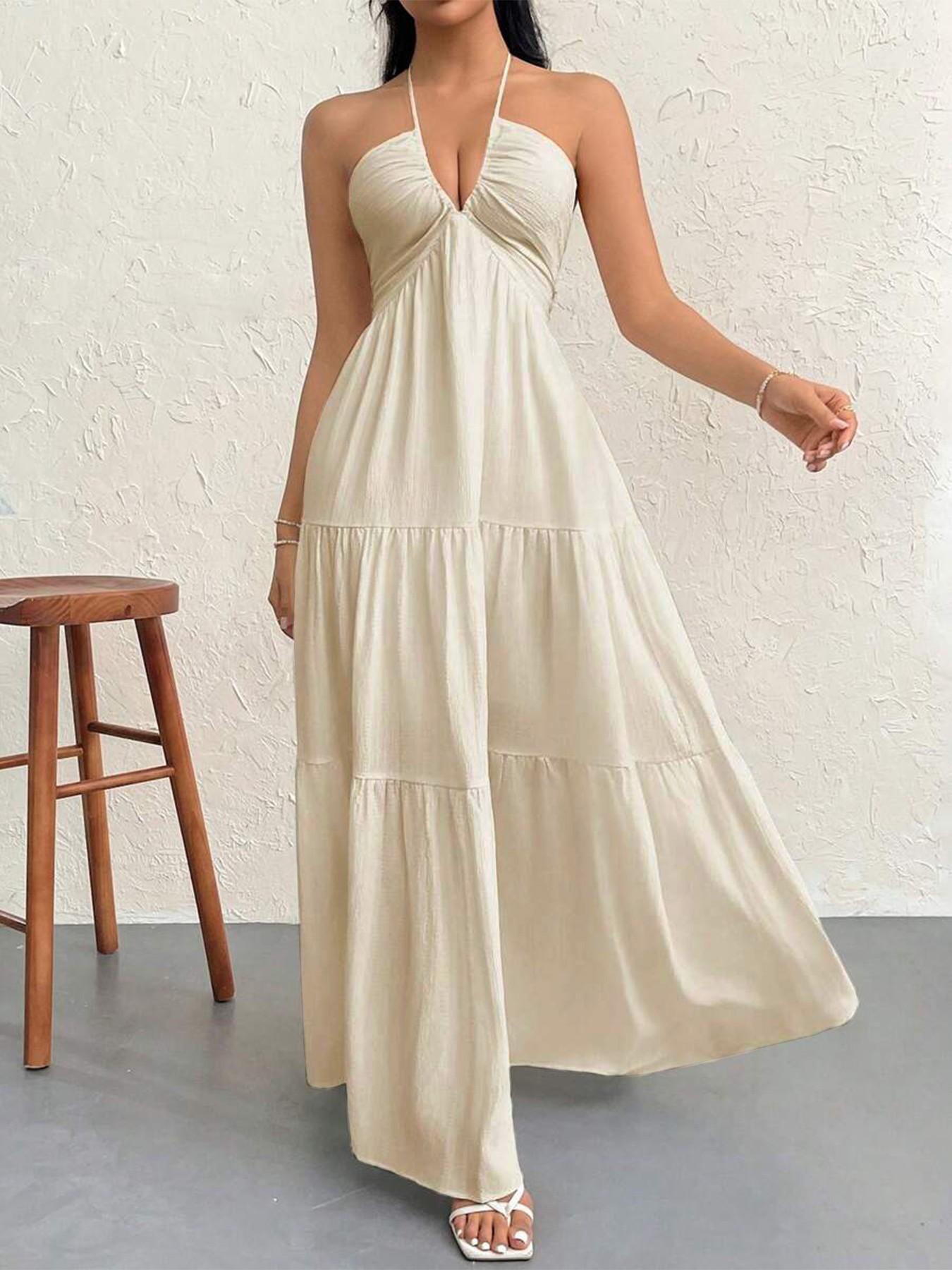 Women Halter V Neck Maxi Dress, Ruched Bust Empire Waist, Tiered Flowy Long Dress, Sleeveless Spaghetti Strap, Beach Vacation Sundress, Casual, Elegance