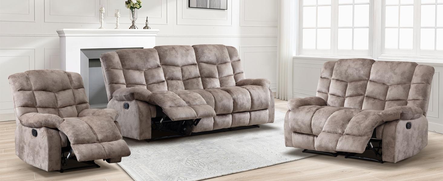 [SpringStatements] Manual Reclining Sofa for Living Room, Extra-Wide Modern 2-Seat Reclining Sofa, Breathable Fabric and Padded Cushion, Light Brown